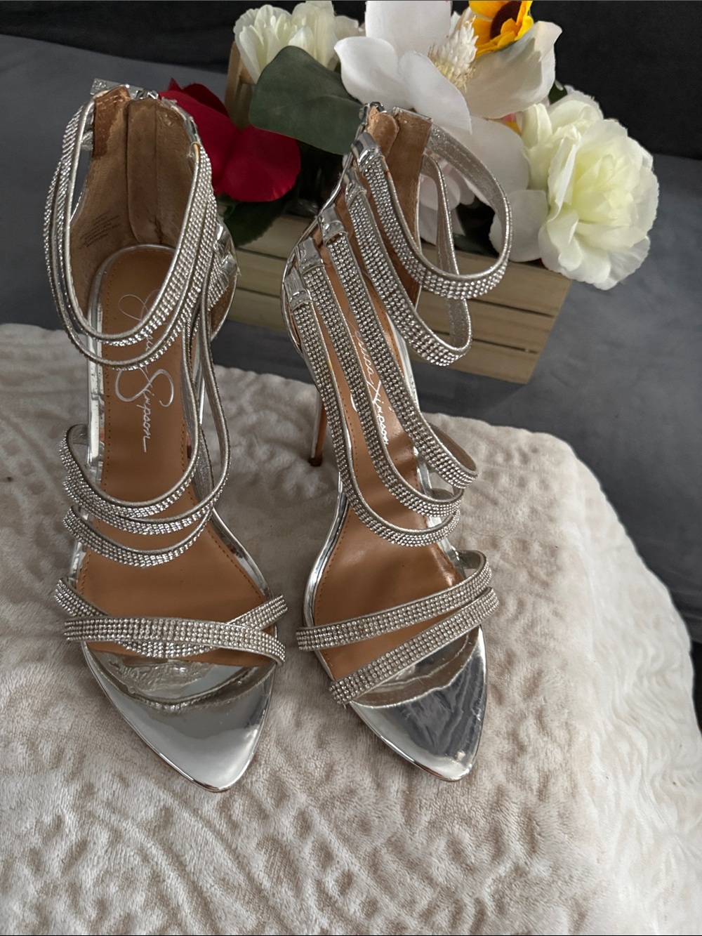 Jessica Simpson Silver Rhinestone Strappy Stiletto Heels